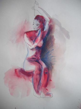 nu multico - encre rouge et sépia, crayon stabilo - format 36x46 cm